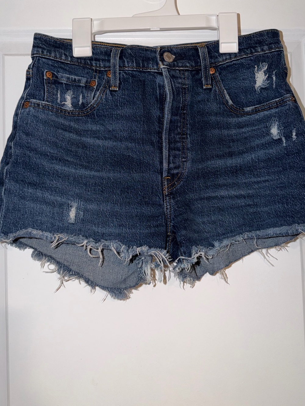 Levi's Dark Blue Distressed High-Rise Denim Cutoff Shorts